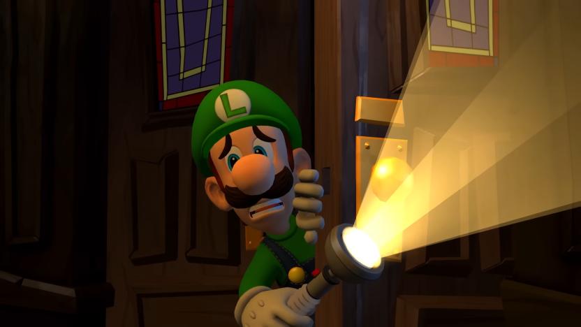 Still from the Luigi's Mansion 2 HD remake trailer. View from inside a dark room of Luigi entering through double doors, looking scared and holding a flashlight.