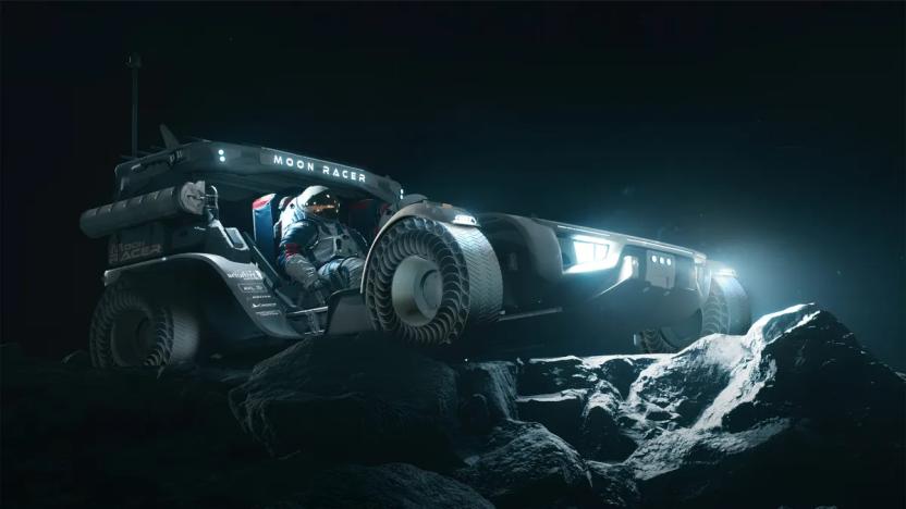 Intuitive Machines' concept lunar terrain vehicle Moon Racer is pictured in a rendering, showing two astronauts riding the vehicle on rocky ground
