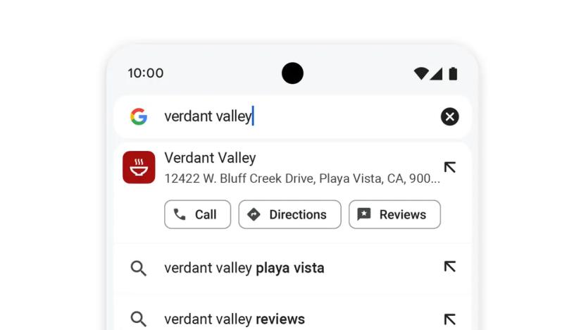 The Chrome Android browser with the search "verdant valley" in the address bar. A result showing the restaurant’s name and address with buttons for "Call," "Directions," and "Reviews" sit below.