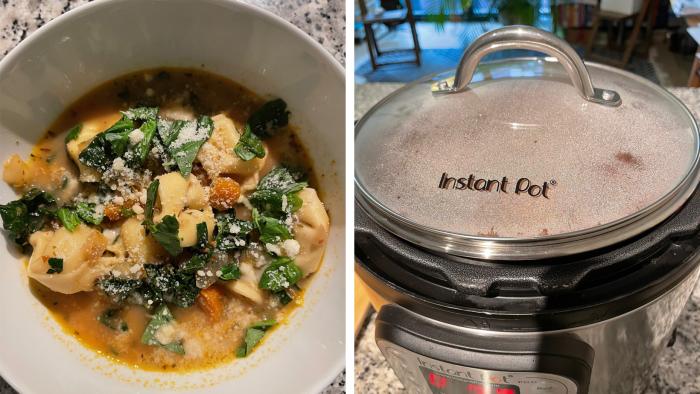 Two photos arranged side by side: vegetable-tortellini soup sprinkled with parmesan, and the Instant Pot being used with a tempered glass lid meant for slow cooking.