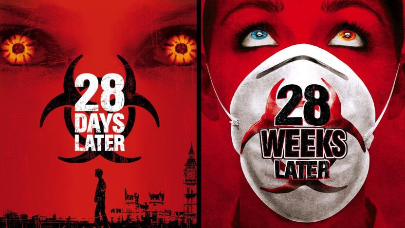 The posters for the movies 28 days Later and 28 Weeks Later pictured side by side