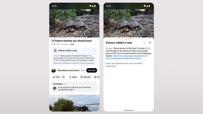 Two phone screens showing a mockup of the upcoming community notes feature on YouTube. The video shows "15 extinct animals you should know" with a thumbnail showing two giant tortoises. A user note indicates some species of the tortoises were found in 2019 on the Galapagos islands.
