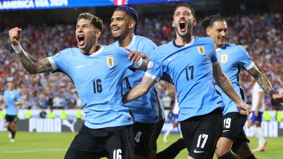 Getty Images - KANSAS CITY, MISSOURI - JULY 01: Mathias Olivera of Uruguay celebrates with teammates after scoring the team's first goal during the CONMEBOL Copa America 2024 Group C match between United States and Uruguay at GEHA Field at Arrowhead Stadium on July 01, 2024 in Kansas City, Missouri. (Photo by Michael Reaves/Getty Images)