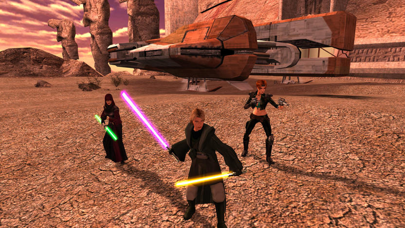 Figures wielding lightsabers and blasters in Star Wars Knights of the Old Republic 2 - The Sith Lords