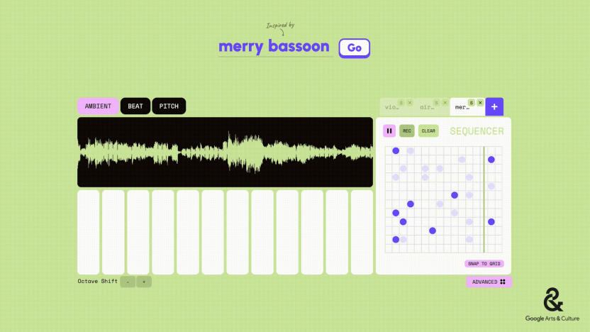 Screen from the Google experiment "Instrument Playground." A waveform sites above MIDI-style (digital) keys with a sequencer to the right. Lime green background.