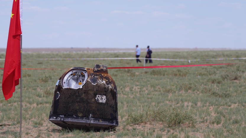 ULANQAB, CHINA - JUNE 25: The return capsule of the Chang'e-6 probe lands at the designated landing area on June 25, 2024 in Siziwang Banner, Ulanqab City, Inner Mongolia Autonomous Region of China. The returner of the Chang'e-6 probe touched down on Earth on June 25, bringing back the world's first samples collected from the moon's far side, and marking another remarkable achievement in China's space exploration endeavors. (Photo by VCG/VCG via Getty Images)