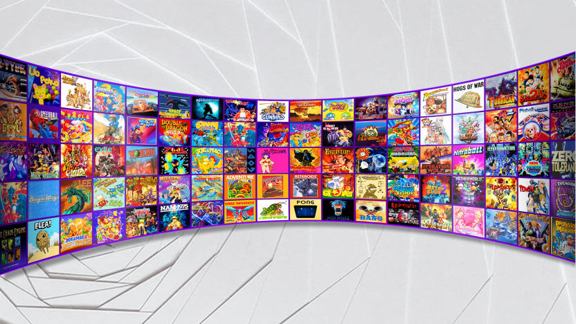 A curved panel full of retro game covers in front of a gray abstract background. 