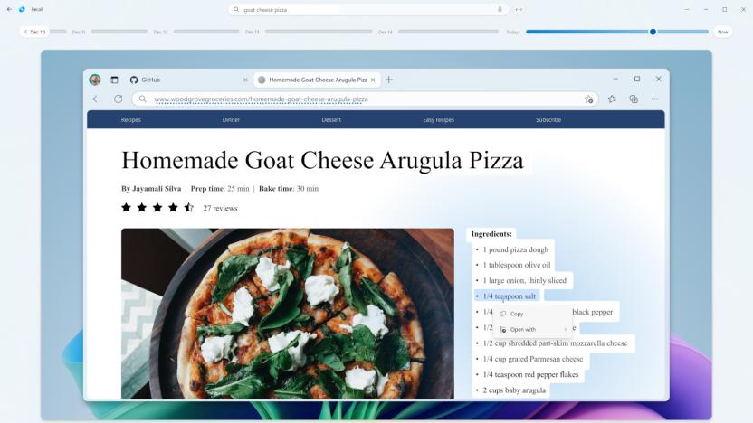 Screenshot of a Homemade Goat cheese arugula pizza recipe