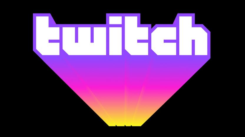 Twitch logo: white retro lettering with a purple / pink / yellow-gradient tail suggesting upward and forward motion.