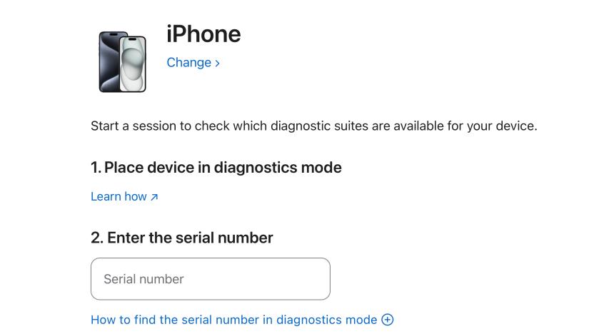 Screenshot of Apple’s web diagnostics tool. iPhone name and icon at the top with instructions for placing in diagnostics mode and entering its serial number.
