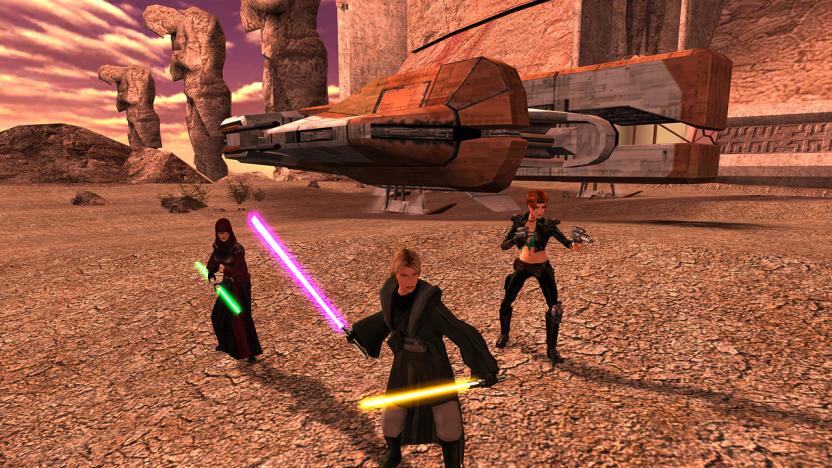 Figures wielding lightsabers and blasters in Star Wars Knights of the Old Republic 2 - The Sith Lords