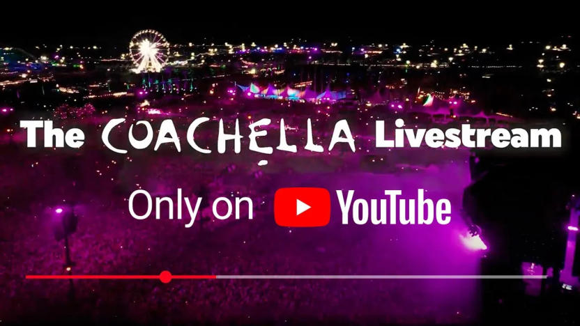 Promotional image for YouTube’s Coachella 2024 coverage. Text: "The Coachella livestream only on YouTube." A sky view of the festival grounds at night in the background.