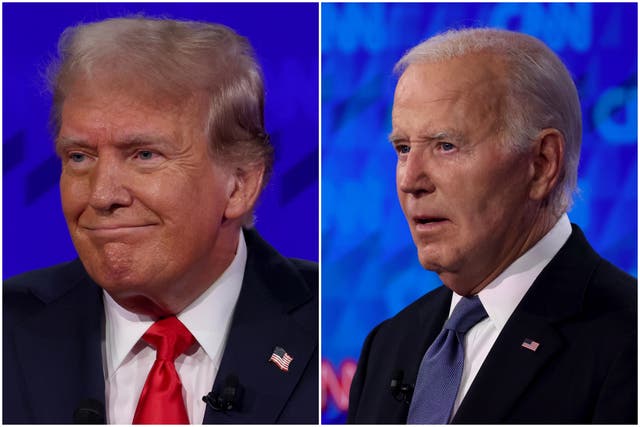 <p>Donald Trump and Joe Biden at first presidential debate in Atlanta on June 27. The number of people watching dropped more than 30 percent from 2020’s opening debate  </p>