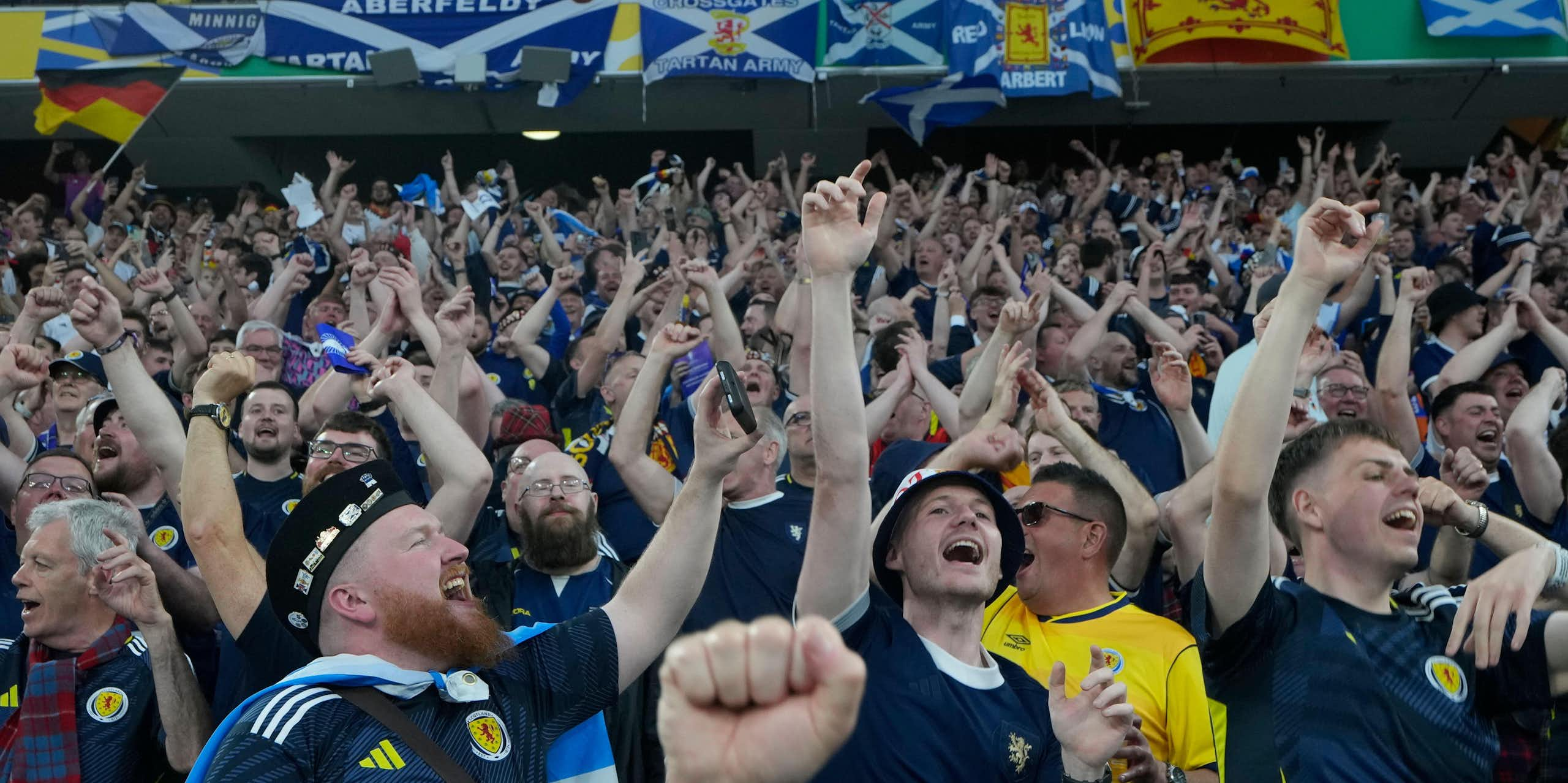 A stadium crowd of Scotland football fans in Germany at Euro 2024