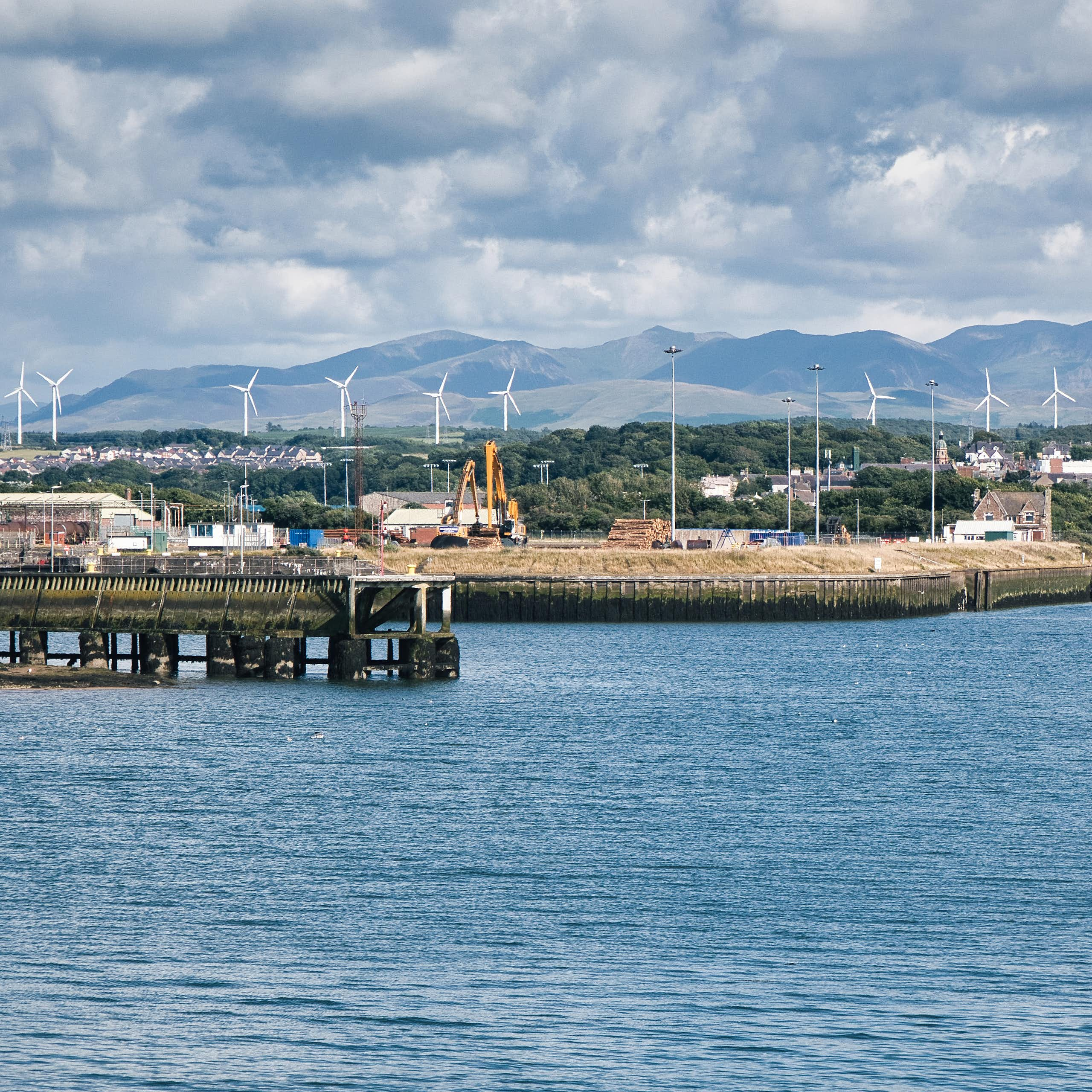 A view of a harbour from the water. 