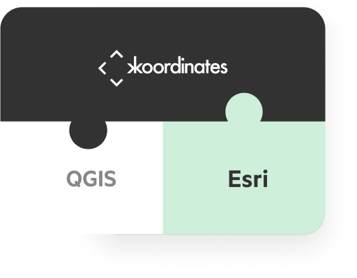 The words Koordinates, QGIS, and Esri connected together in a small jigsaw puzzle.
