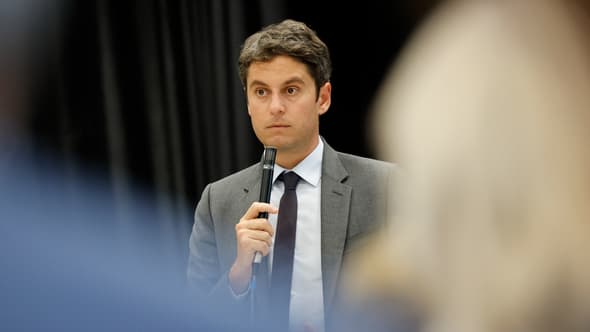 Gabriel Attal, lors d'un meeting de campagne pour les élections législatives, le 17 juin 2024 à Saint-Jean-les-Deux-Jumeaux (Seine-et-Marne).