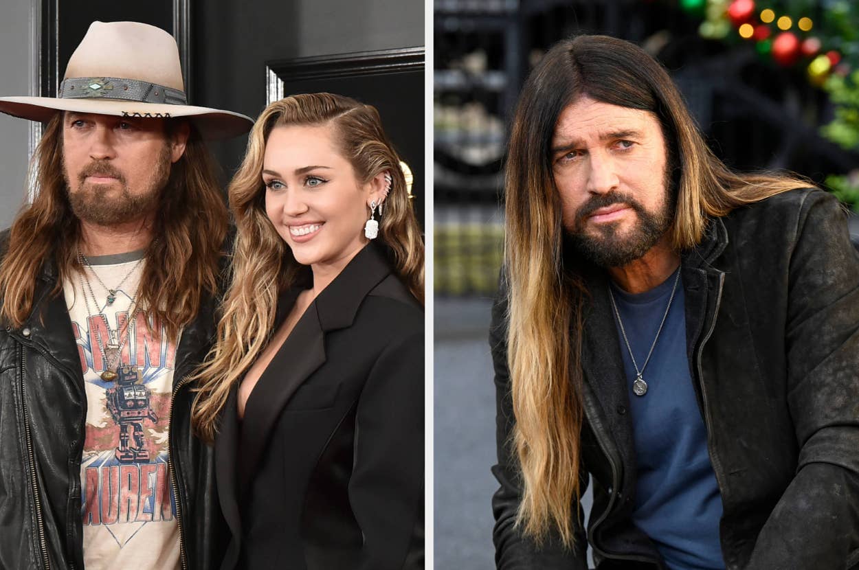 Billy Ray Cyrus and Miley Cyrus posing together on the left; Billy Ray Cyrus alone on the right
