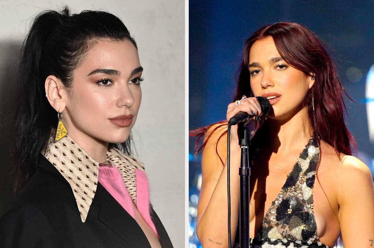 Dua Lipa in two side-by-side photos. Left: wearing a black blazer with a patterned collar. Right: performing on stage, singing into a microphone