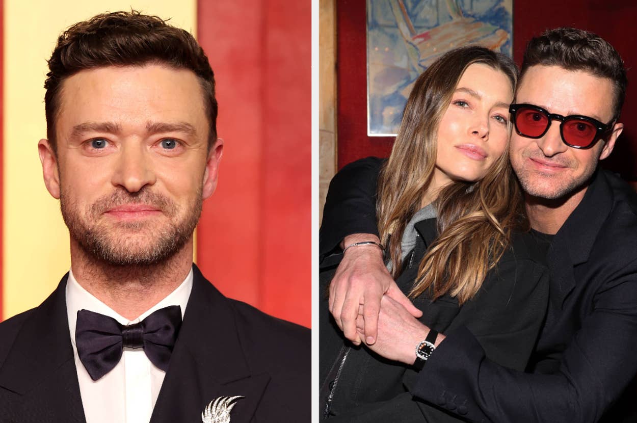 Justin Timberlake in a suit with a bow tie and a feather brooch, and Justin Timberlake hugging Jessica Biel, both dressed casually