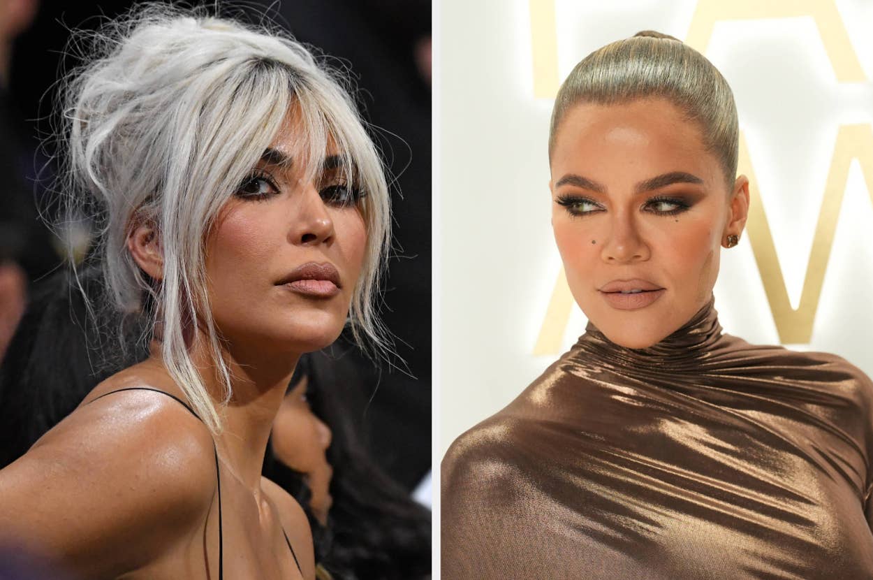 Kim Kardashian with platinum blonde hair in an updo and Khloé Kardashian with slicked-back hair in a high ponytail, both attending a formal event