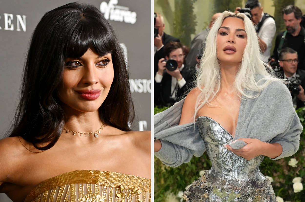 Jameela Jamil in a strapless dress next to Kim Kardashian in a silver strapless gown with a grey wrap