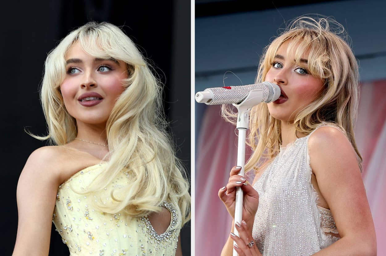 Sabrina Carpenter performing on stage in two different outfits: a sparkling light-colored strapless gown on the left, and a glittery sleeveless top on the right