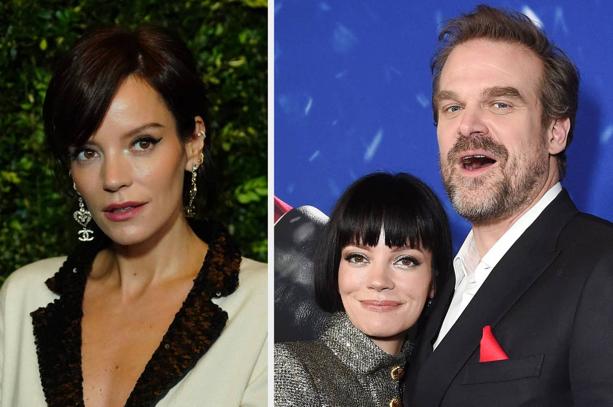 Lily Allen in a white and black outfit with drop earrings, and Lily Allen with David Harbour in formal attire at an event