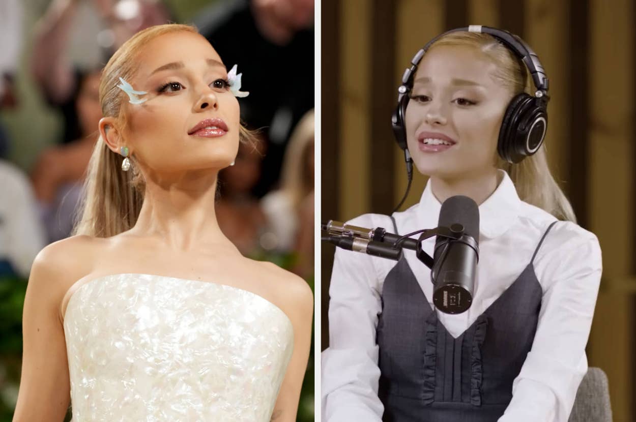 Ariana Grande in a strapless white gown with butterfly accessories (left) and Ariana Grande in a white blouse with a black dress and headphones at a podcast setup (right)