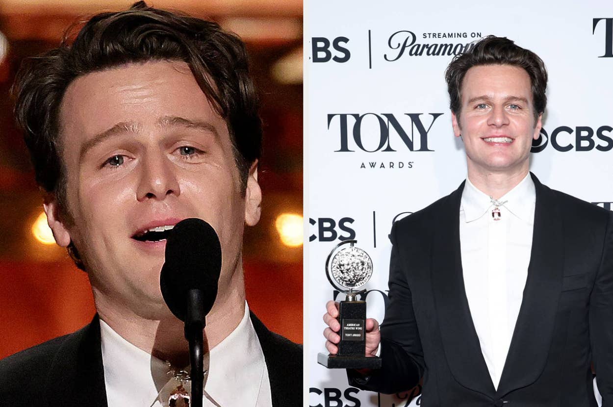 Jonathan Groff speaking at an event on the left and posing with a Tony Award on the right. He is wearing a suit in both images