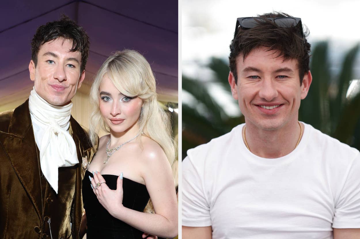 Barry Keoghan in a velvet jacket with a white scarf on the red carpet, posing with Sabrina Carpenter. Beside is an old tweet of him jokingly holding a small cup of espresso
