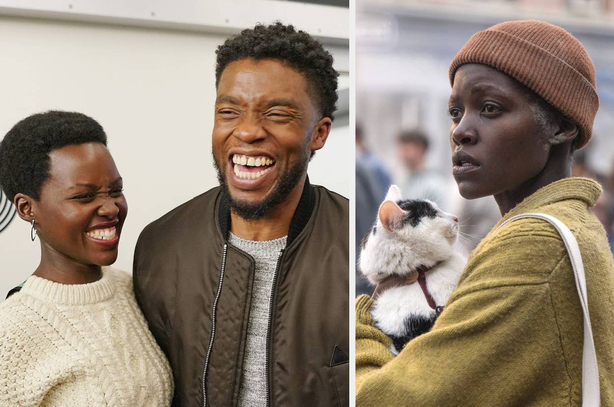 Lupita Nyong'o and Chadwick Boseman sharing a laugh; Nyong'o in a white sweater and Boseman in a brown jacket. Nyong'o in a movie scene holding a cat