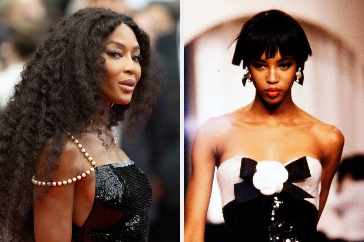 Naomi Campbell is seen wearing glamorous black outfits in a split image; on the left with long curly hair and pearls, and on the right with a short bob haircut