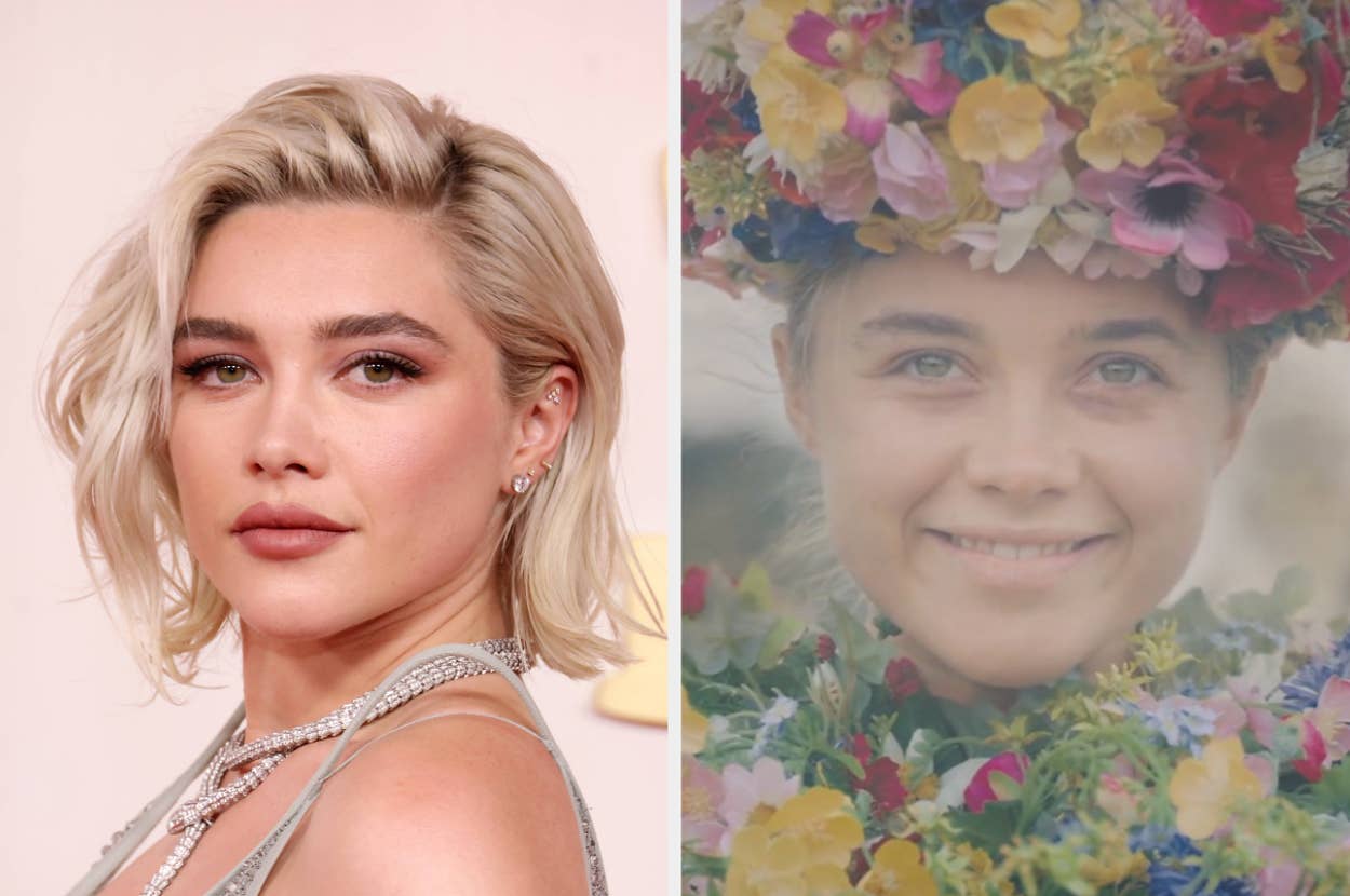 Florence Pugh in a silver, spaghetti-strap dress on the left; on the right, she wears a flower crown and floral dress, smiling