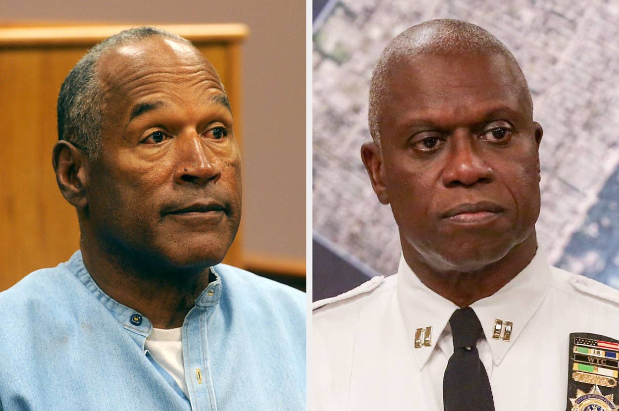 O.J. Simpson and Andre Braugher are pictured side by side. O.J. Simpson is in casual clothing, while Andre Braugher is in a police uniform