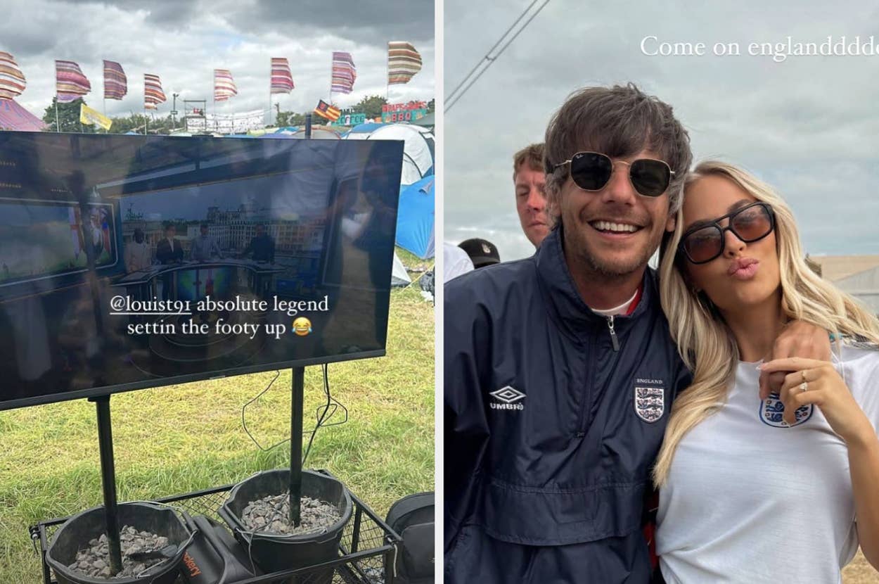 Louis Tomlinson and a woman pose happily at an outdoor event with a TV showing a football game; text reads 