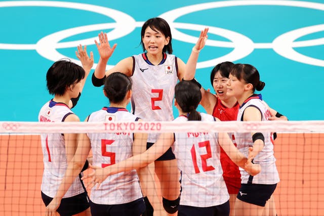 <p>Sarina Koga of Team Japan with team mates at the Tokyo 2020 Olympic Games at Ariake Arena on 31 July, 2021 in Tokyo, Japan</p>